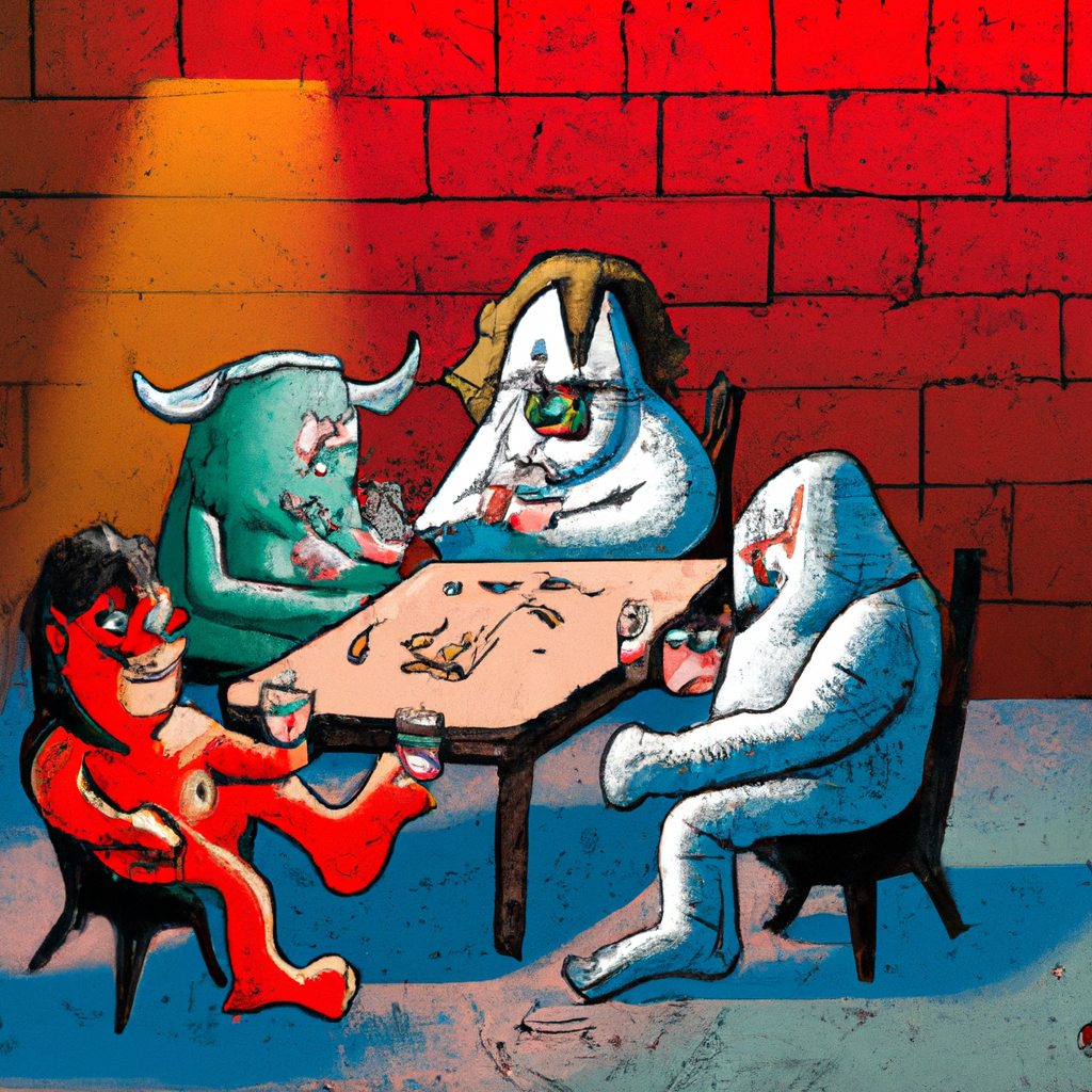 three demons playing poker in a dirty room, drinking alcohol and smoking