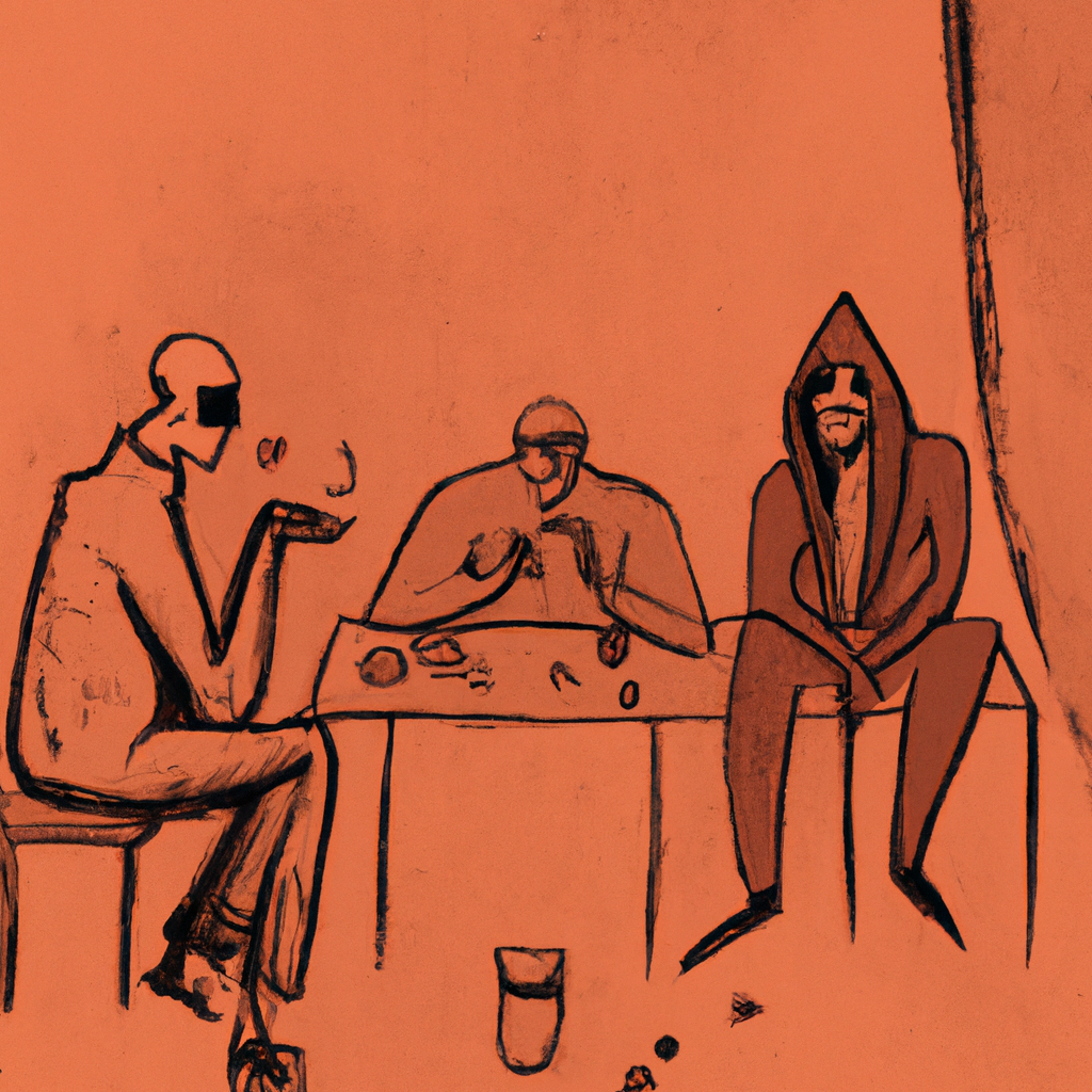three demons playing poker in a dirty room, drinking alcohol and smoking